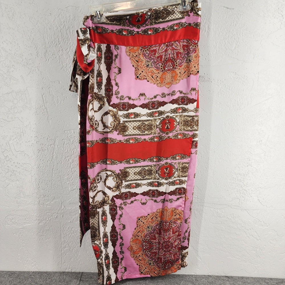 Aakaa Pink Red Scarf Print Satin Faux Wrap Midi Skirt Baroque Womens L